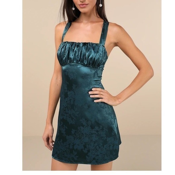 Lulus Dresses & Skirts - Lulus Exquisite Emerald‎ Green Floral Burnout Halter Lace Up Mini Dress Size S